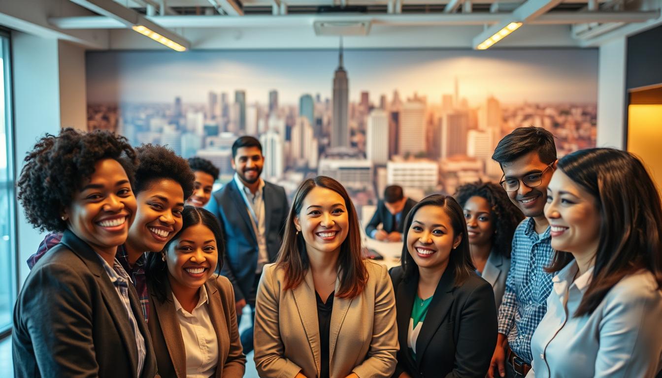 A diverse group of professionals, representing various backgrounds and abilities, gathered in a modern, well-lit office setting. In the foreground, a team of smiling employees, dressed in business attire, engages in a collaborative discussion. The middle ground showcases a mix of employees performing different tasks, highlighting the inclusive nature of the "Programas Especiais" initiative. In the background, a large, vibrant mural depicts a cityscape, symbolizing the company's commitment to community and opportunity. Warm lighting and a welcoming atmosphere create a sense of belonging and empowerment, reflecting the spirit of the "Programas Especiais de Contratação e Diversidade" at Bradesco.