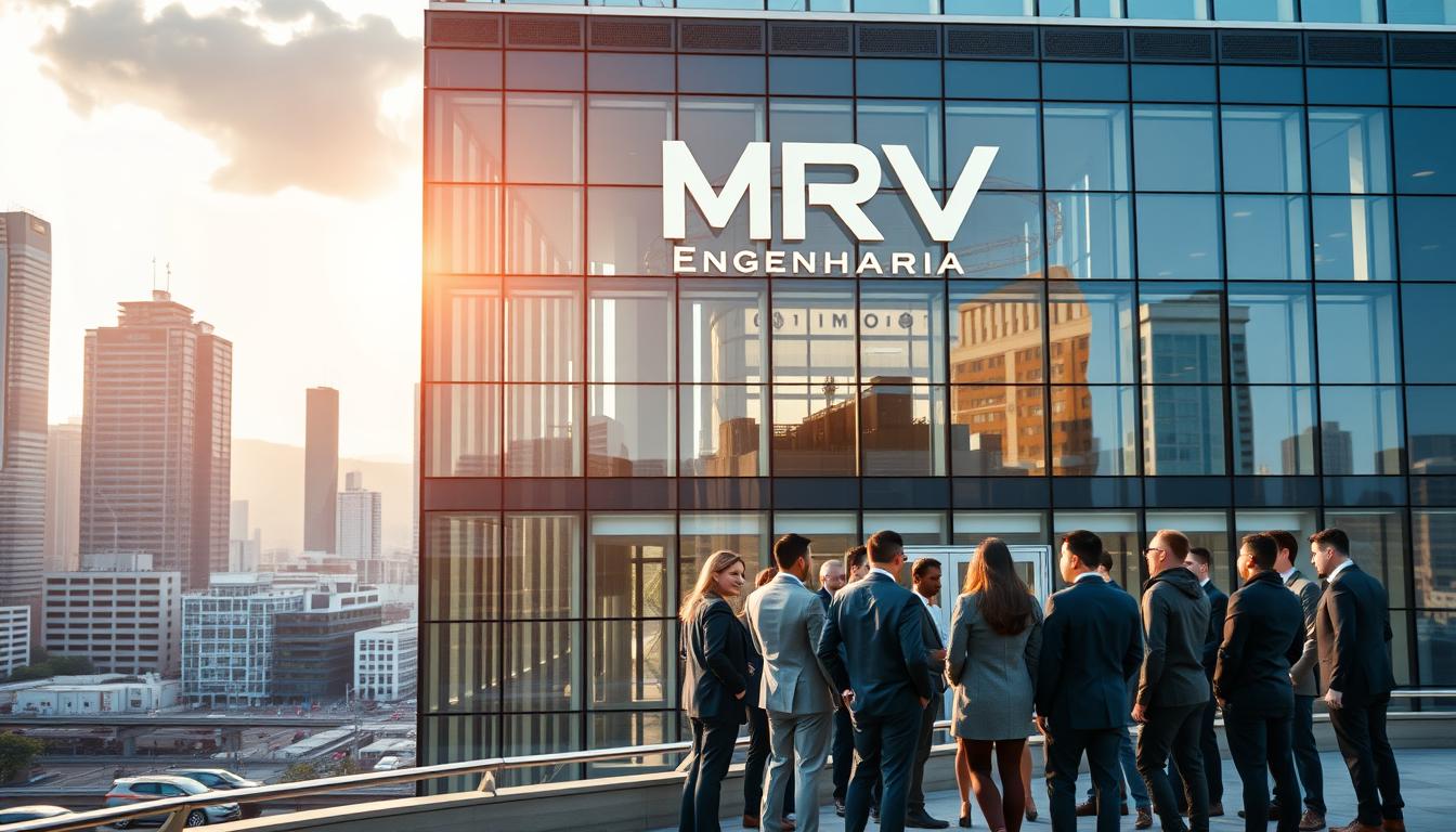 A modern, glass-walled office building with the MRV Engenharia logo prominently displayed on the facade. The building is situated in a bustling urban landscape, with skyscrapers and infrastructure visible in the background. The scene is bathed in warm, natural light, creating a welcoming and professional atmosphere. In the foreground, a group of well-dressed professionals are gathered, engaged in animated conversation, conveying a sense of growth, opportunity, and a thriving workplace culture.