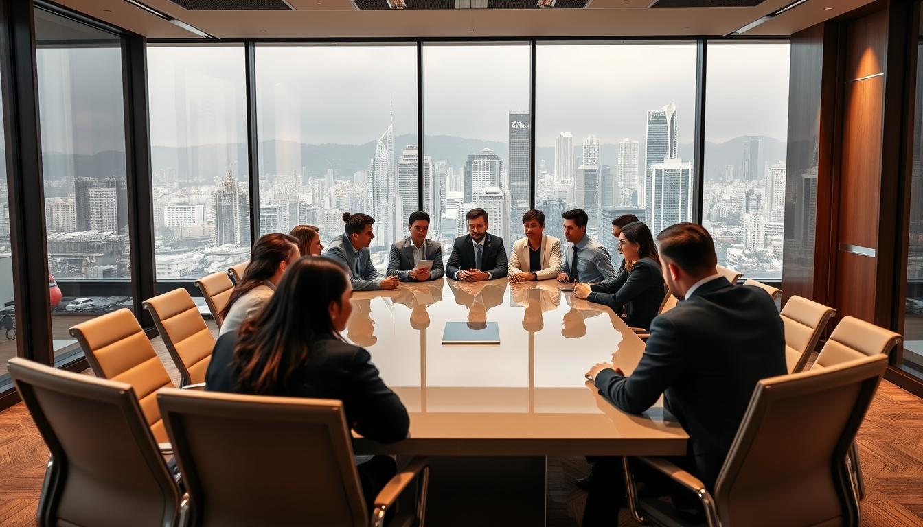 A modern office setting, with a sleek and minimalist design. In the foreground, a group of candidates engaged in a group discussion, their faces focused and attentive. The middle ground features a large, glossy conference table, surrounded by ergonomic chairs in a neutral color palette. In the background, a wall-to-wall window overlooking a bustling city skyline, bathed in warm, natural lighting. The overall atmosphere is one of professionalism, collaboration, and a sense of opportunity. The scene conveys the process of a selective employment application at Ambev, the leading beverage company in Brazil.