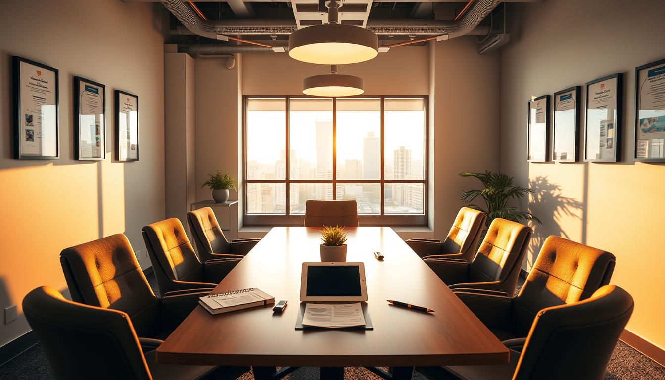 A modern, well-lit office interior with a central meeting table surrounded by comfortable chairs. On the table, various objects representing the professional development programs at Magazine Luiza, such as a tablet, a notebook, and pens. The walls are adorned with framed certificates and awards, reflecting the company's commitment to employee growth and achievement. The lighting is warm and inviting, creating a productive and collaborative atmosphere. Large windows provide natural light and a view of the city skyline in the background, conveying a sense of progression and opportunity.