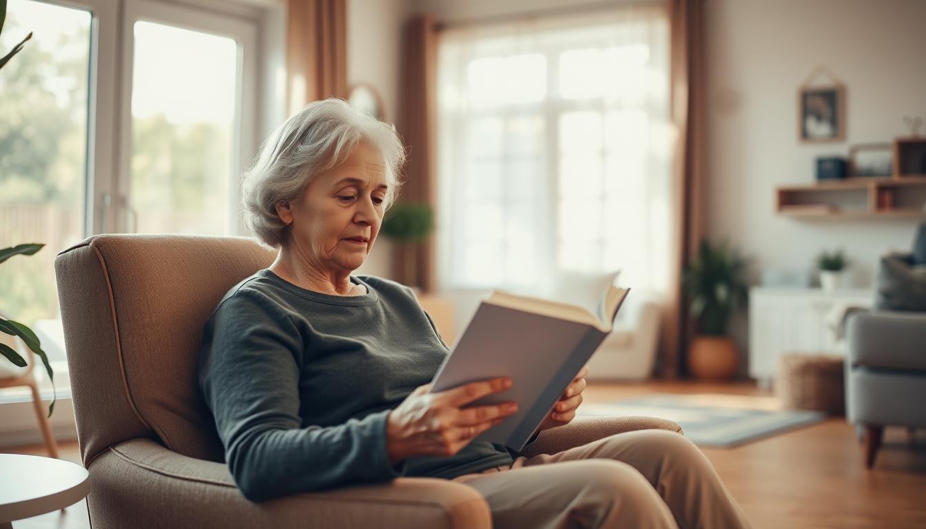 A warm, cozy home interior with a senior woman sitting in a comfortable armchair, reading a book. Soft, diffused natural light streams through a large window, casting gentle shadows. The woman is dressed in casual, comfortable clothing, her face reflecting a sense of tranquility and focus. In the background, a tidy, organized living space with minimal decor creates a calming, uncluttered atmosphere. The scene conveys a sense of independence, contentment, and the peaceful routine of an autonomous senior caregiver's daily life.